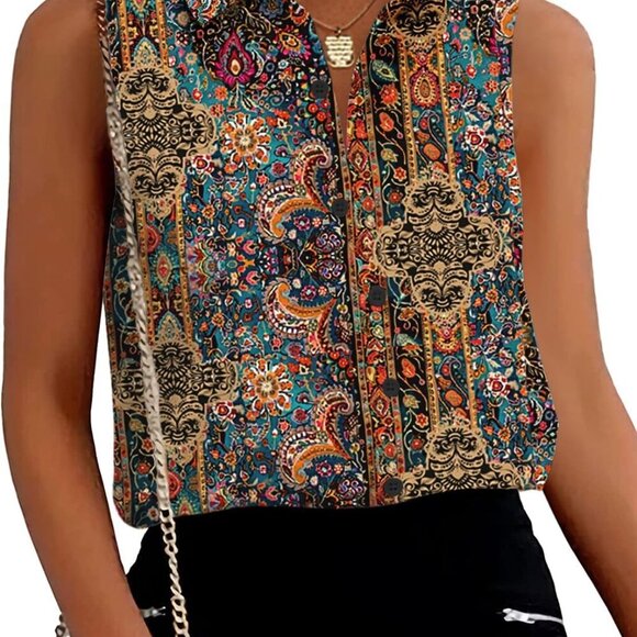 Women's Sleeveless Button Down Shirts Blouses - Solid, Casual, Loose Fit, V Neck - Picture 1 of 4